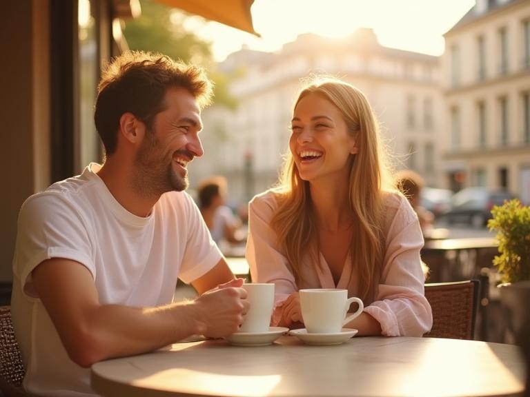 Deux clients souriants et détendus partageant un moment agréable sur la terrasse ensoleillée de Platine Pause, des tasses de café devant eux.