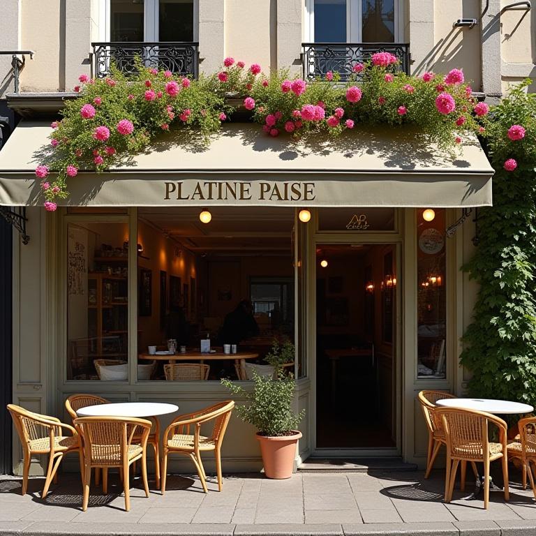 Façade élégante du café Platine Pause avec sa terrasse fleurie et ses chaises en rotin, sur le quai de l'Île Saint-Louis. Le soleil illumine la scène.